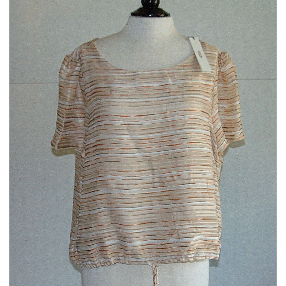 June & Hudson Blouse Women's Size XL Rust Ivory Brown Drawstring